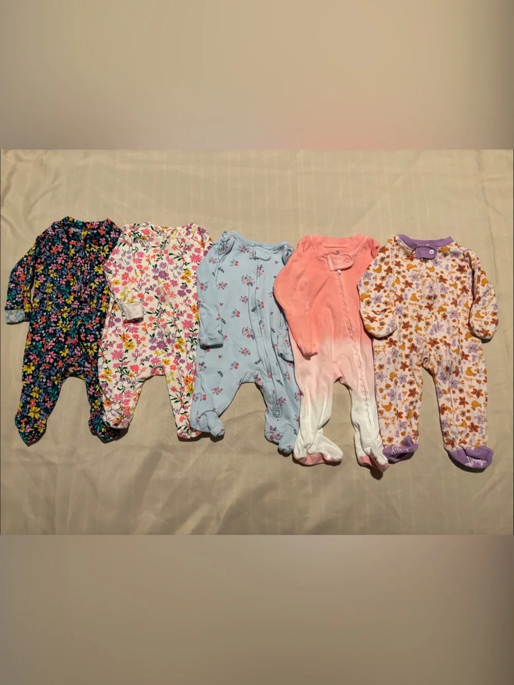 5 Pack Multi Brand Baby Girls Floral & Pastel Footed One-Piece Sleepers -